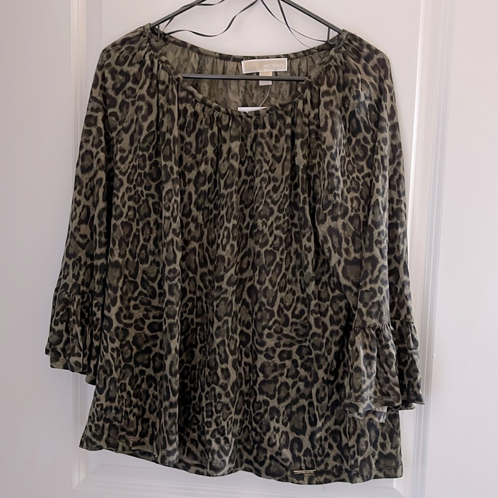 NWT - Michael Kors animal print/camouflage blouse with tousled sleeves.